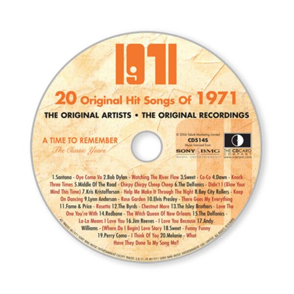 1971 Classic Years Greeting Card with Hit Songs, Download Code and retro CD