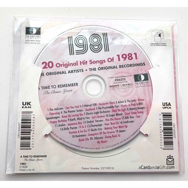 40th Ruby Wedding gift ~ Hit Music of 1981 CD, Download & Greeting Card rear