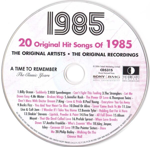40th Anniversary Card with Original Hit Music of 1985. A Time to Remember, The Classic Years. - Image 2