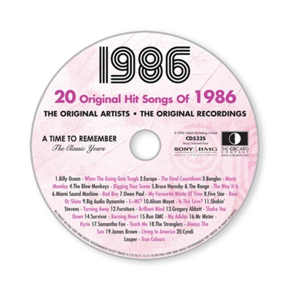 39th Anniversary Card with Original Hit Music of 1986. A Time to Remember, The Classic Years. - Image 4