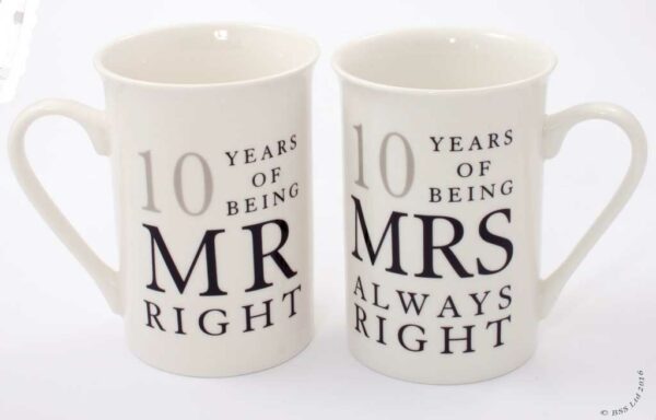 10th Anniversary Gift Set of 2 China Mugs 'Mr Right & Mrs Always Right'