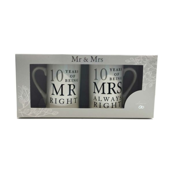 10th Anniversary Gift Set Two China Mugs Mr Right and Mrs Always Right presentation gift box