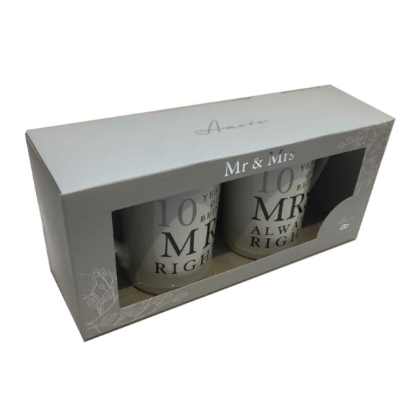 10th Anniversary Gift Set Two China Mugs Mr Right and Mrs Always Right gift presentation box