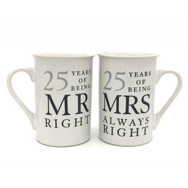 25th Anniversary Gift Set of 2 China Mugs Mr Right and Mrs Always Right