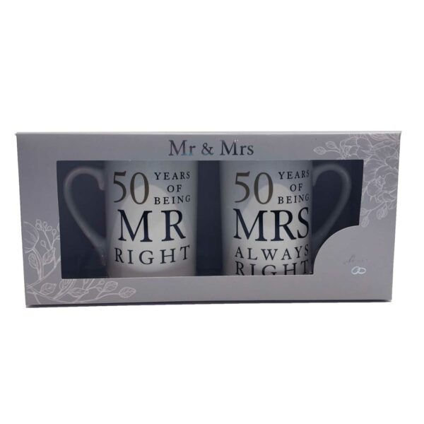 50th Anniversary Gift Set Two China Mugs Mr Right and Mrs Always Right presentation box