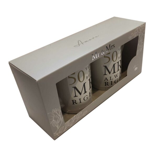 50th Anniversary Gift Set Two China Mugs Mr Right and Mrs Always Right new presentation box