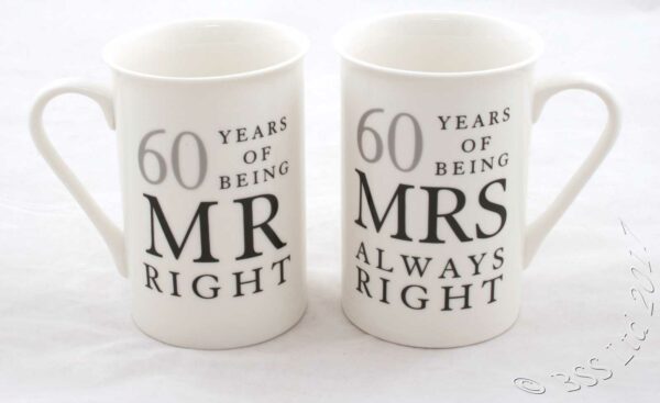 60th Anniversary Gift Set Two Ceramic Mugs Mr Right and Mrs Always Right - Image 2