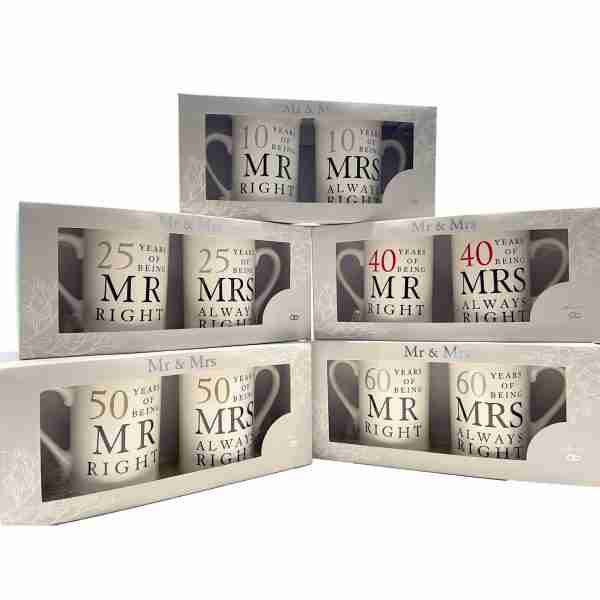 Mr Right and Mrs Always Right mugs 10th 25th 40th 50th 60th