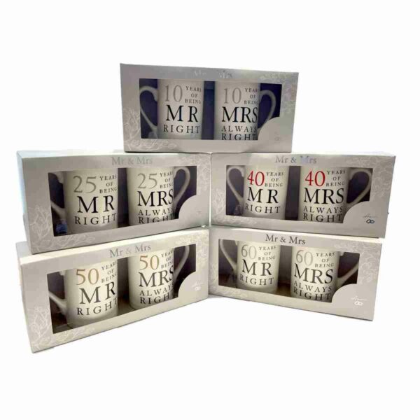 Wedding Anniversary Gift Set, Mr/Mrs Right mugs 10th 25th 40th 50th 60th