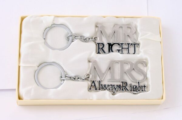 Amore by Juliana Gift Set of 2 silver plated keyrings 'Mr Right & Mrs Always Right' - Image 4