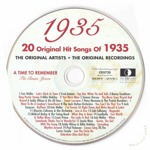 90th Anniversary Card with Original Hit Music of 1935. A Time to Remember, The Classic Years. - Image 4