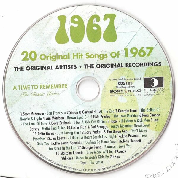 Original Hit Music of 1967. A Time to Remember, The Classic Years. CD