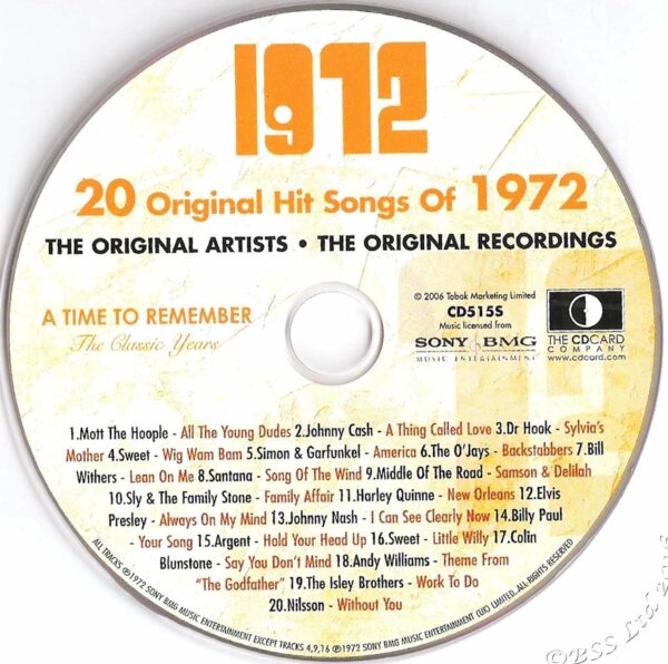 Original Hit Music of 1972. A Time to Remember, The Classic Years. CD