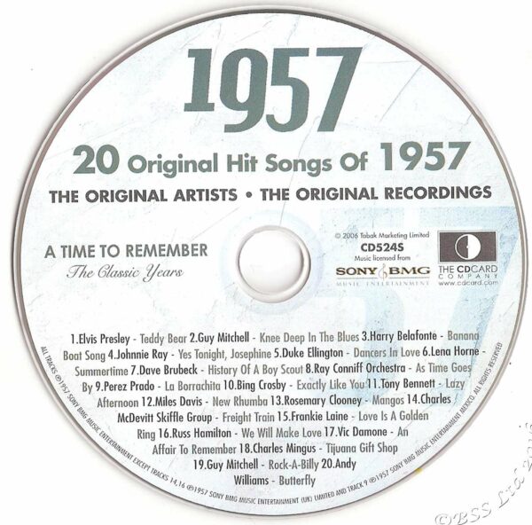 Original Hit Music of 1957. A Time to Remember, The Classic Years. CD