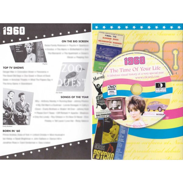 58th Anniversary gift ~ DVD with Memories from 1960 and a Greeting Card in one inside view