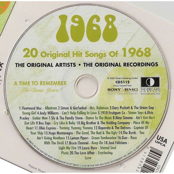 57th Anniversary Card with Original Hit Music of 1968. A Time to Remember, The Classic Years. - Image 7