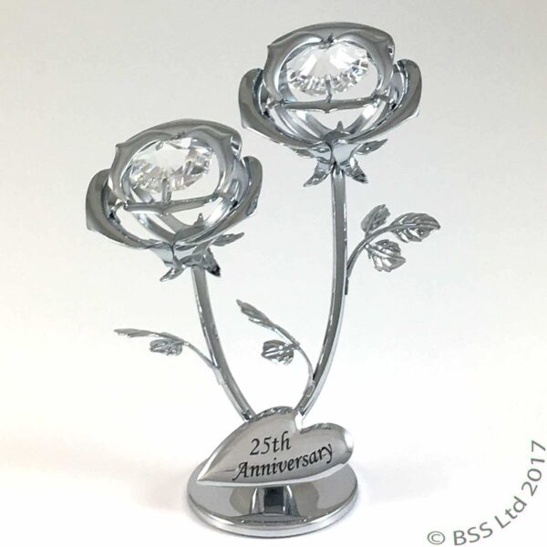 25th Anniversary Double Rose chrome Ornament made with Swarovski Elements