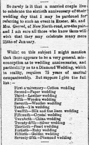 Excerpt from Trewman's Exeter Flying Post 26th January 26 1895 Issue 8604 quoting Wedding Anniversary Symbols