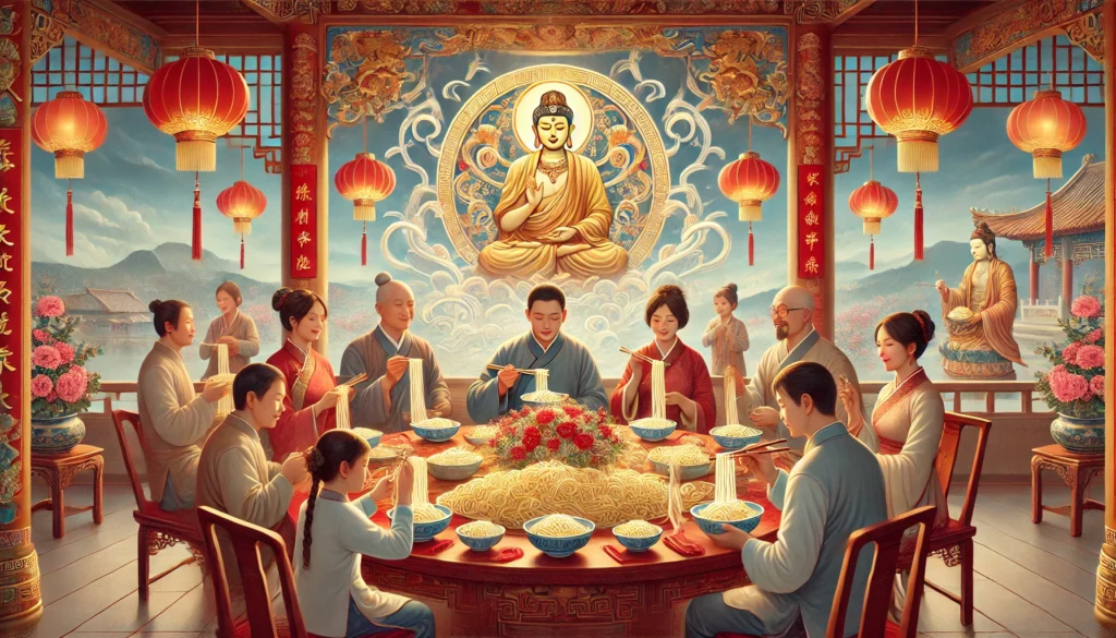 the seventh day of Chinese New Year, Renri, showcasing the celebration of everyone's birthday, the symbolism of long noodles, and a nod to Buddhist traditions. Computer Generated.