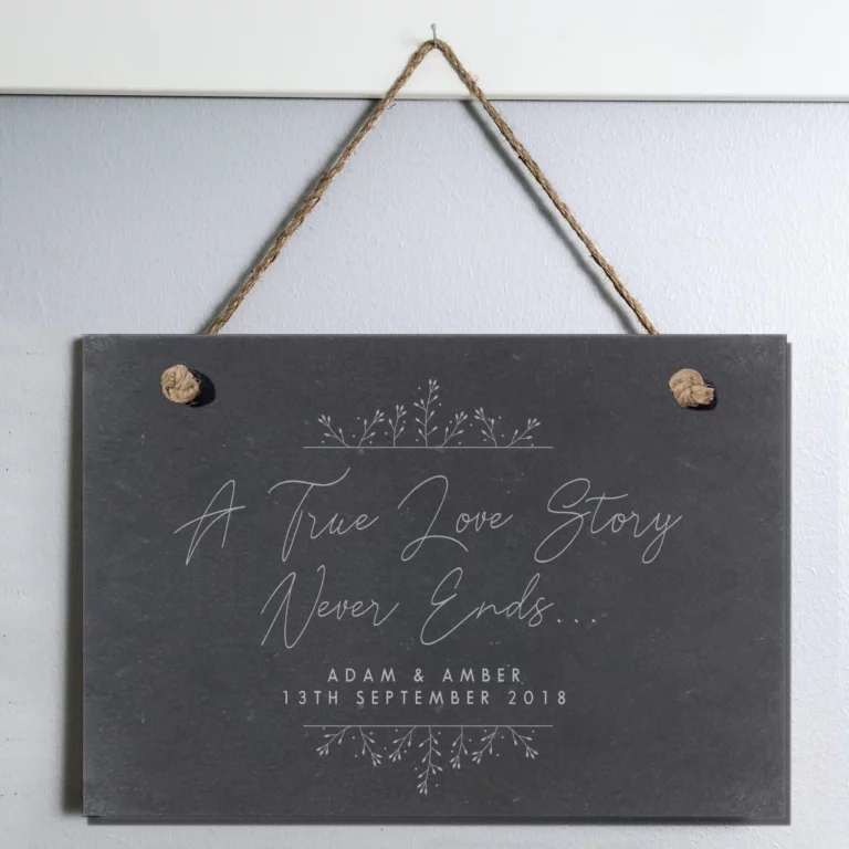 True Love Story Personalised Hanging Slate Sign