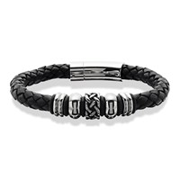 Fred Bennett Stainless Steel Rondels Black Leather Bracelet - A3746