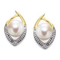 9ct Gold Two Colour Freshwater Pearl And Diamond Stud Earrings - 13mm