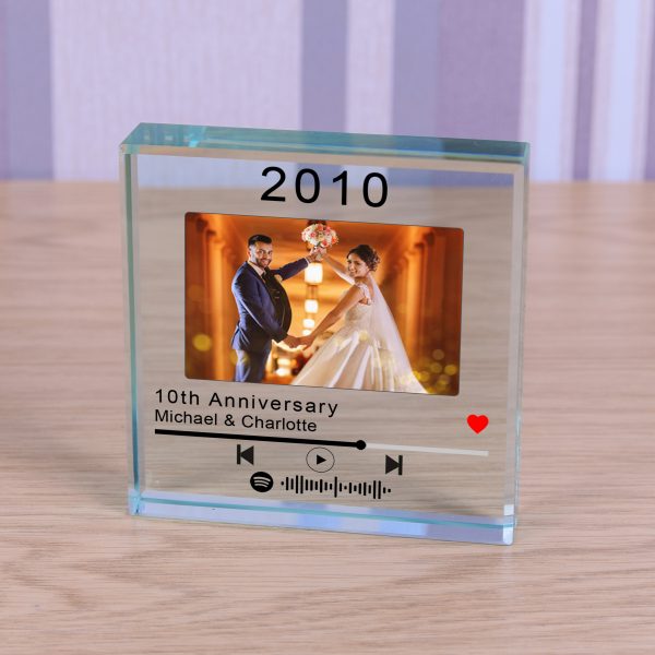 Personalised Anniversary Glass paperweight with engraved playlist code - Image 2