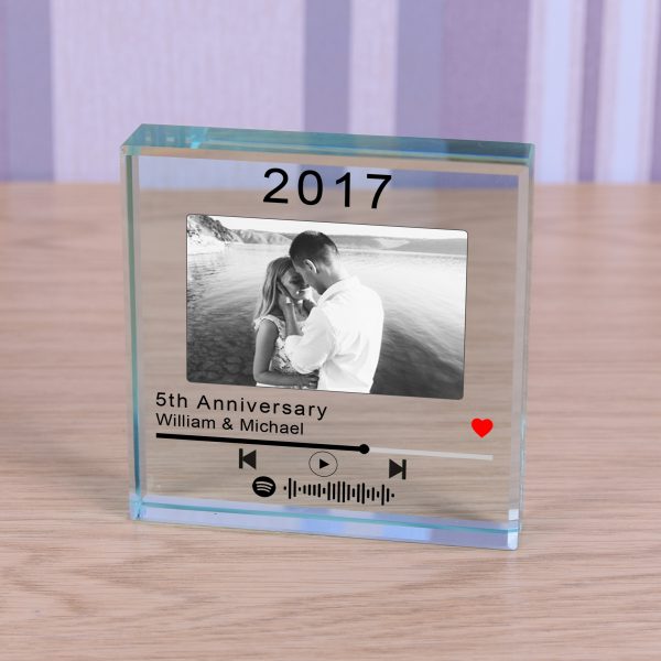 Personalised Anniversary Glass paperweight with engraved playlist code - Image 3