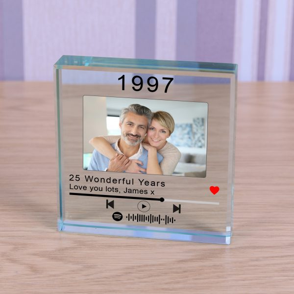 Personalised Anniversary Glass paperweight with engraved playlist code