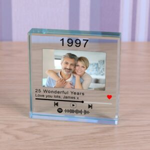 Personalised Anniversary Glass paperweight with engraved playlist code