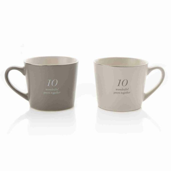 Amore Set Of 2 Grey & White Stoneware Mugs - 10 Wonderful Years Together