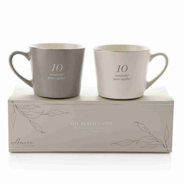 Amore Set Of 2 Grey & White Stoneware Mugs - 10 Wonderful Years Together - Image 2