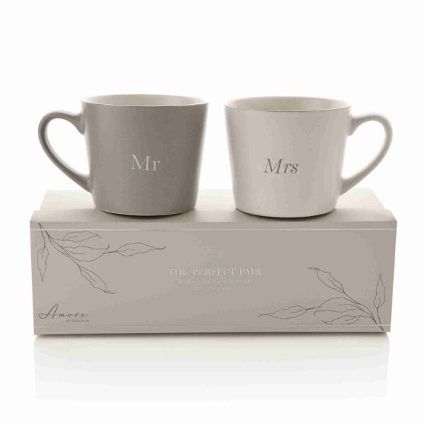 Amore Set of 2 Stoneware Grey & White Mugs - Mr & Mrs