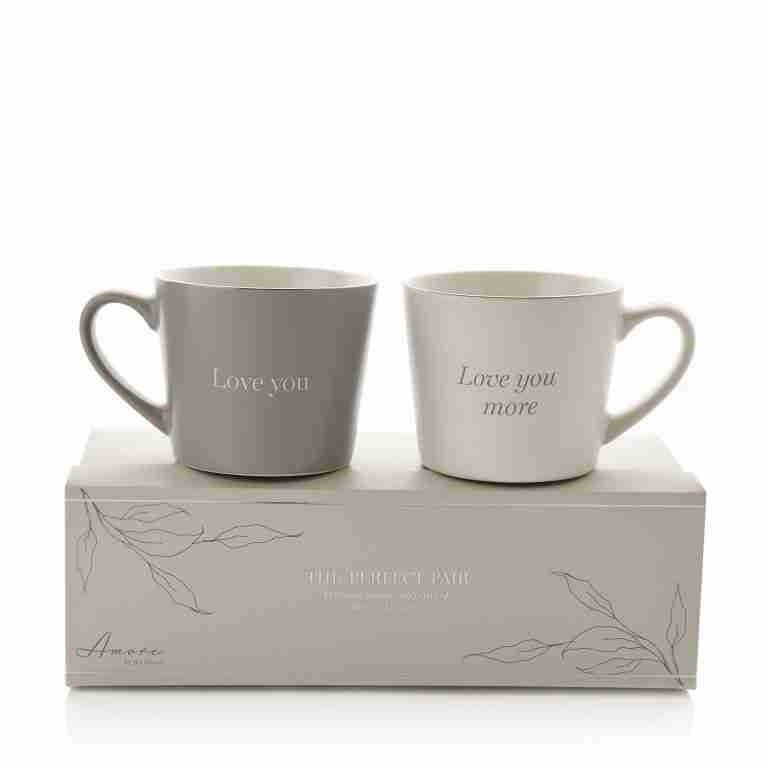Amore Set Of 2 Grey & White Stoneware Mugs - Love You & Love You More