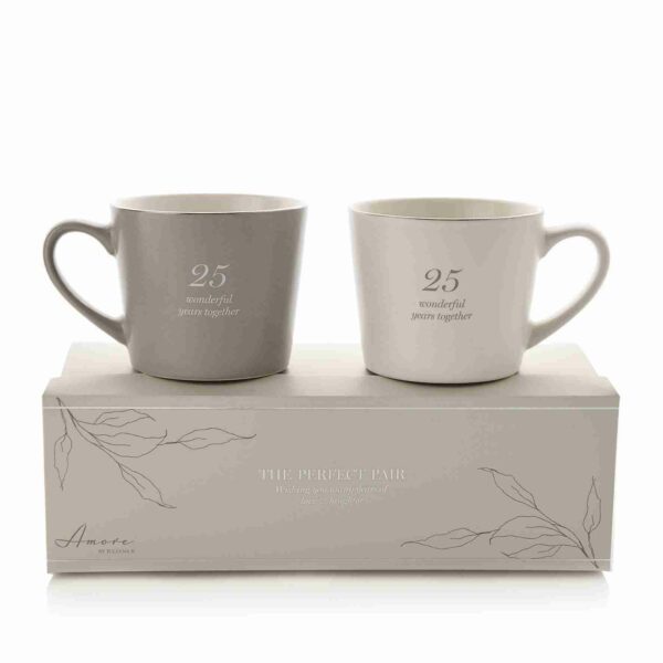 Amore Set Of 2 Grey & White Stoneware Mugs - 25 Wonderful Years Together