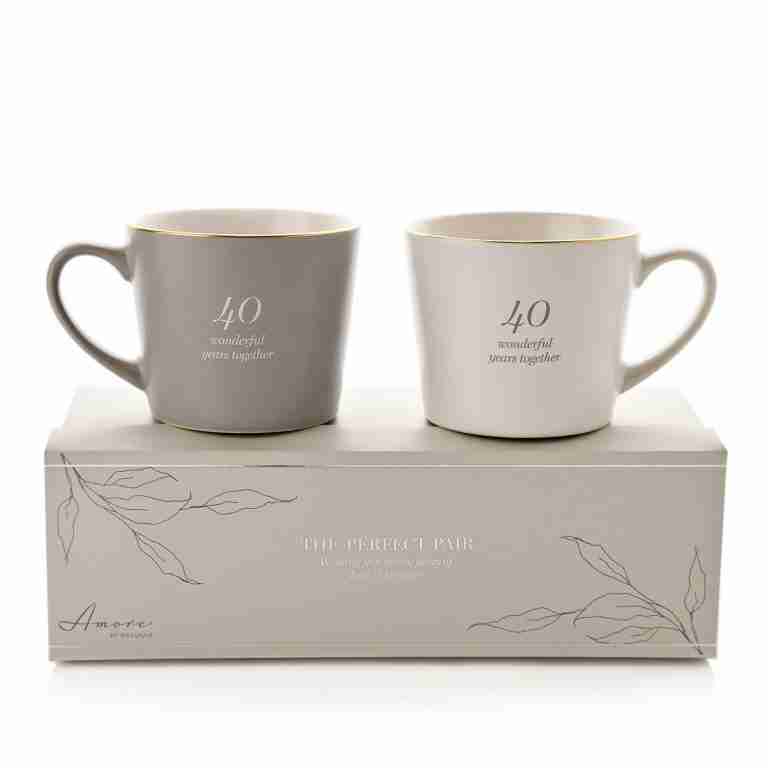 Amore Set Of 2 Grey & White Stoneware Mugs - 40 Wonderful Years Together