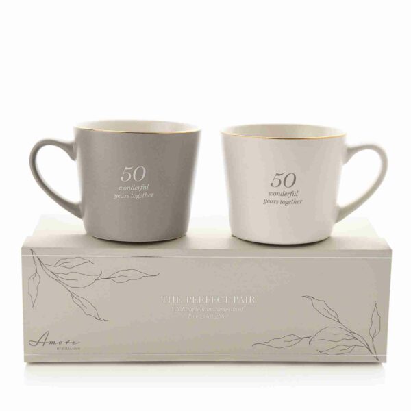 Amore Set Of 2 Grey & White Stoneware Mugs - 50 Wonderful Years Together