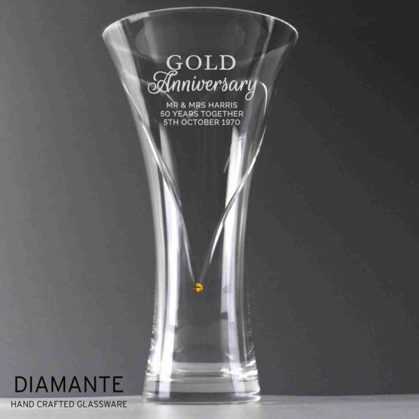 Gold Anniversary Large Hand Cut Diamante Heart Vase dark background with formal engraving