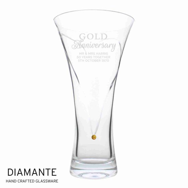 Gold Anniversary Large Hand Cut Diamante Heart Vase with formal engraving