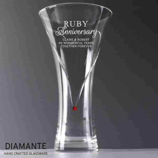 Personalised Ruby Anniversary Large Hand Cut Diamante Heart Vase