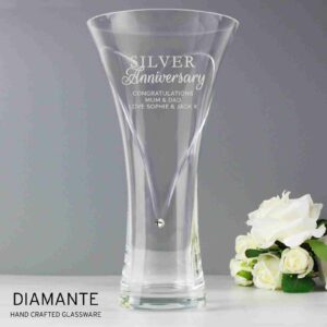 Silver Anniversary Large Hand Cut Diamante Heart Vase engrave with mum and dad