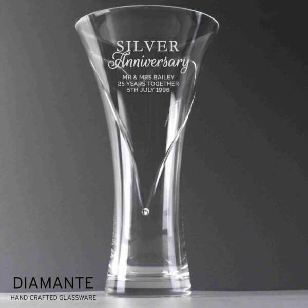 Silver Anniversary Large Hand Cut Diamante Heart Vase formal message dark background