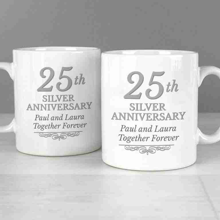 25th Silver Anniversary Mug Set together forever script