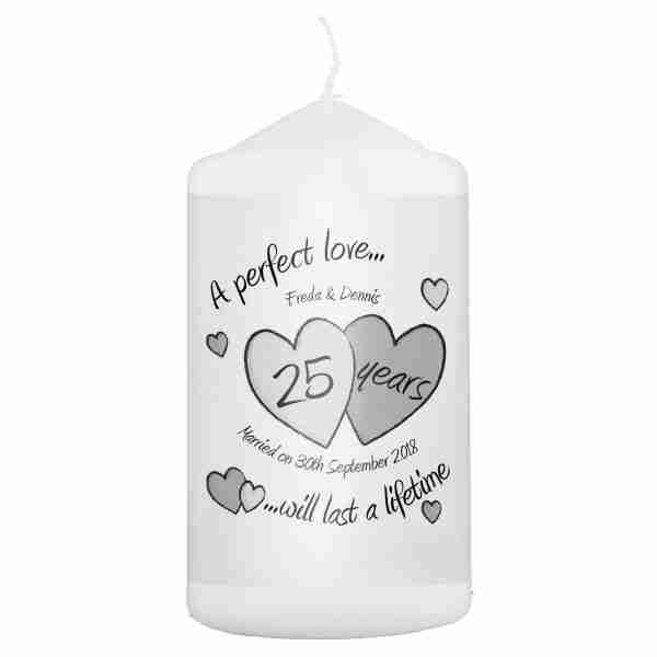 A Perfect Love Silver Wedding Personalised Pillar Candle plain background