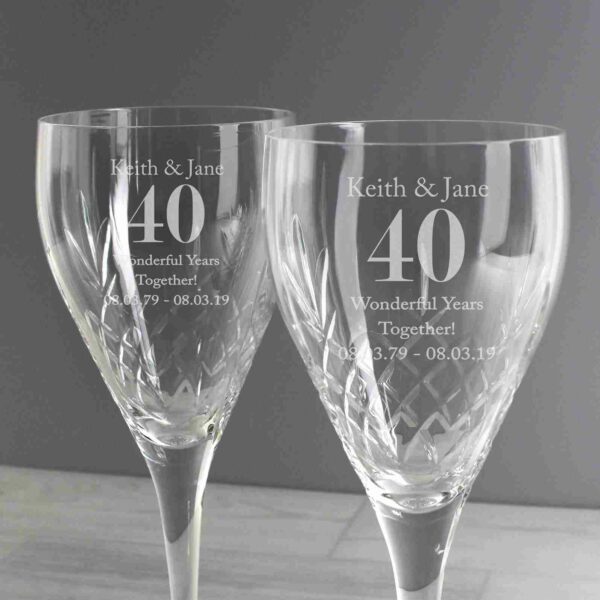 Pair of Crystal Anniversary Wine Glasses example 40th