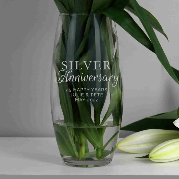 Silver Anniversary Bullet Glass Vase with flowers in