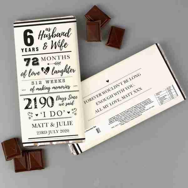 6th Wedding Anniversary Personalised Milk Chocolate Bar front and rear example