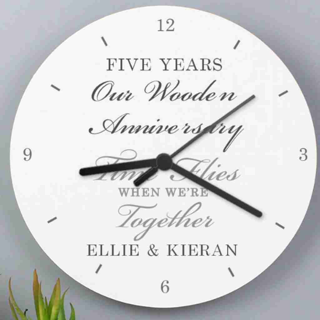 White Wooden Anniversary Clock, free personalisation Anniversary Ideas UK
