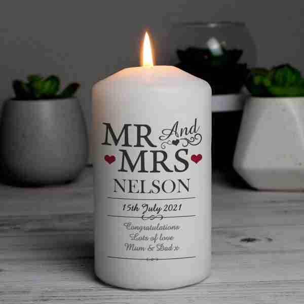 Mr and Mrs Pillar Candle alight