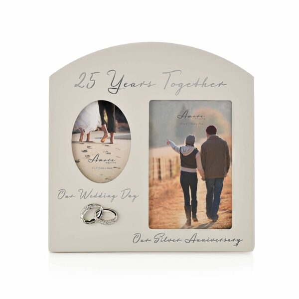 Amore Arched Double Photo Frame - 25 year together, Silver Anniversary front view, colours a bit off